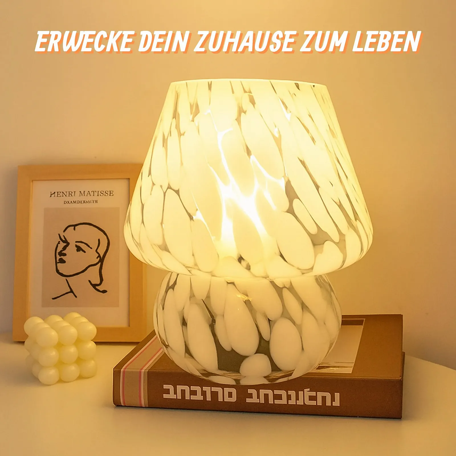 Настільна лампа Relaxdays гриб скляна E27 на батарейках Висота 24 см Діаметр 16 см Біла, фото №5