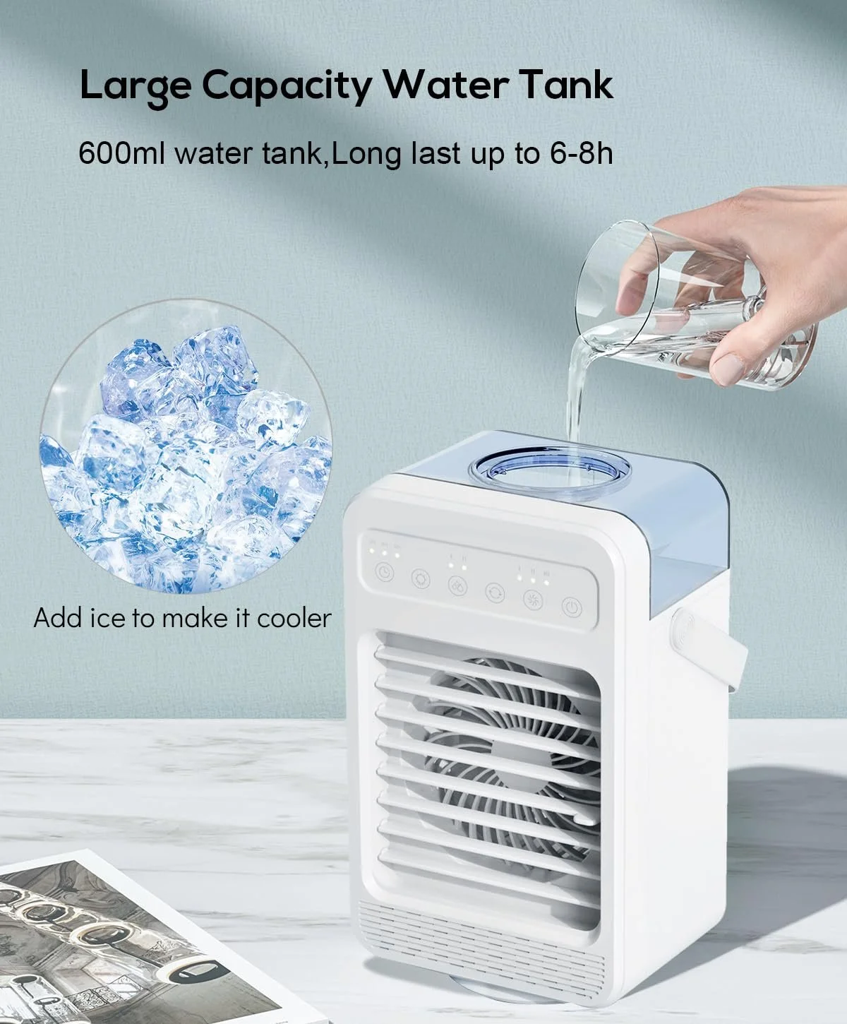 Портативний мобільний кондиціонер MUMUWIND 4-в-1 600 мл 3 швидкості Таймер Підсвічування, фото №5