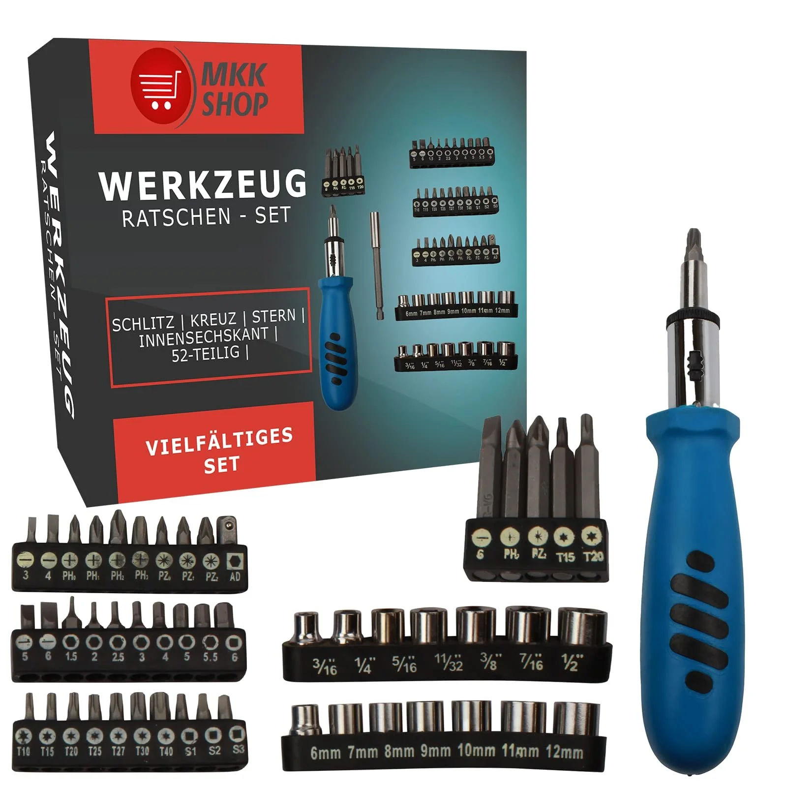 Набір викруток з тріскачкою та головками 52 шт., фото №1