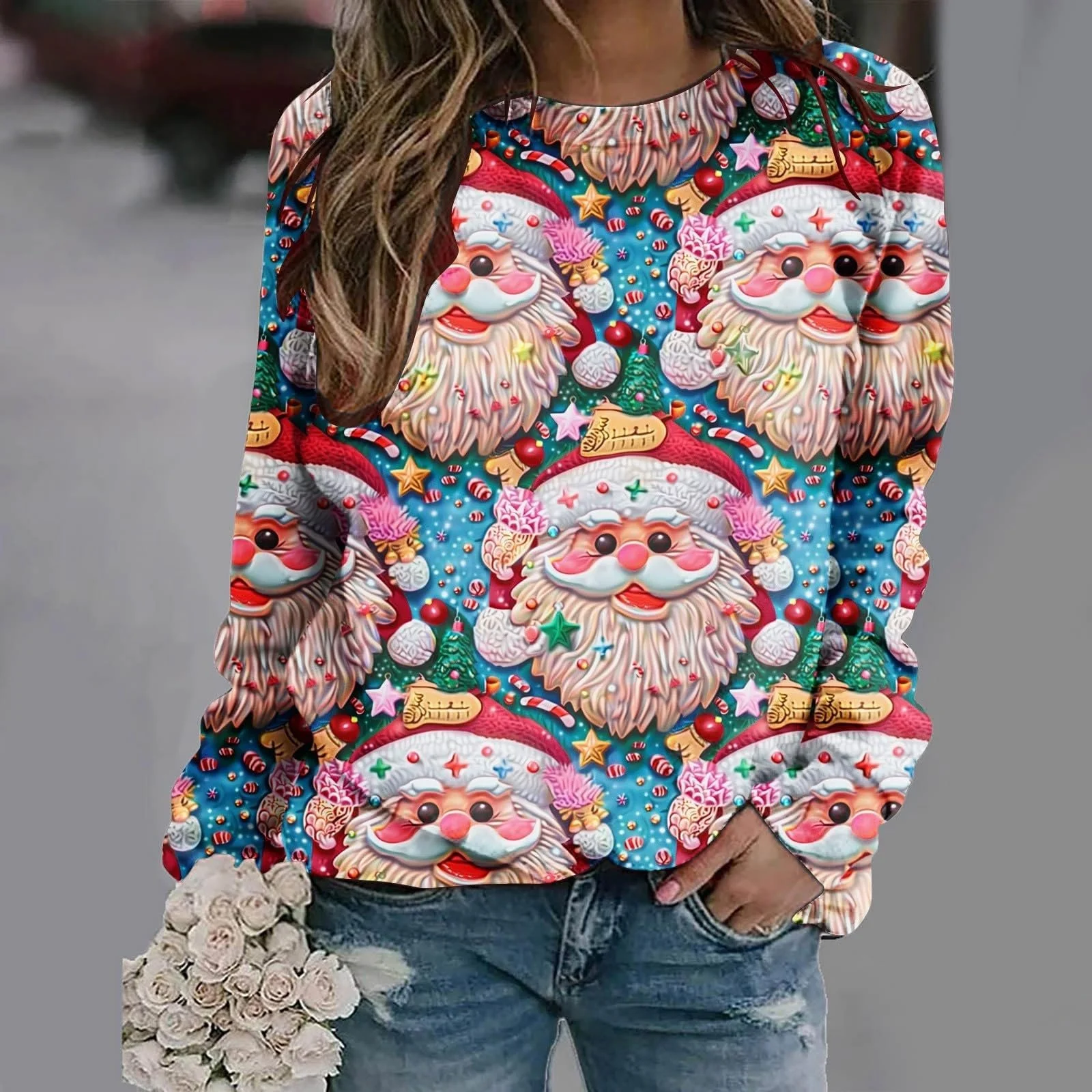 Рождественский свитер Женский С длинными Рукавами Круглый Вырез Рождественский Свитер С Рисунком Снеговика Многоцветный Большой Размер, фото №2
