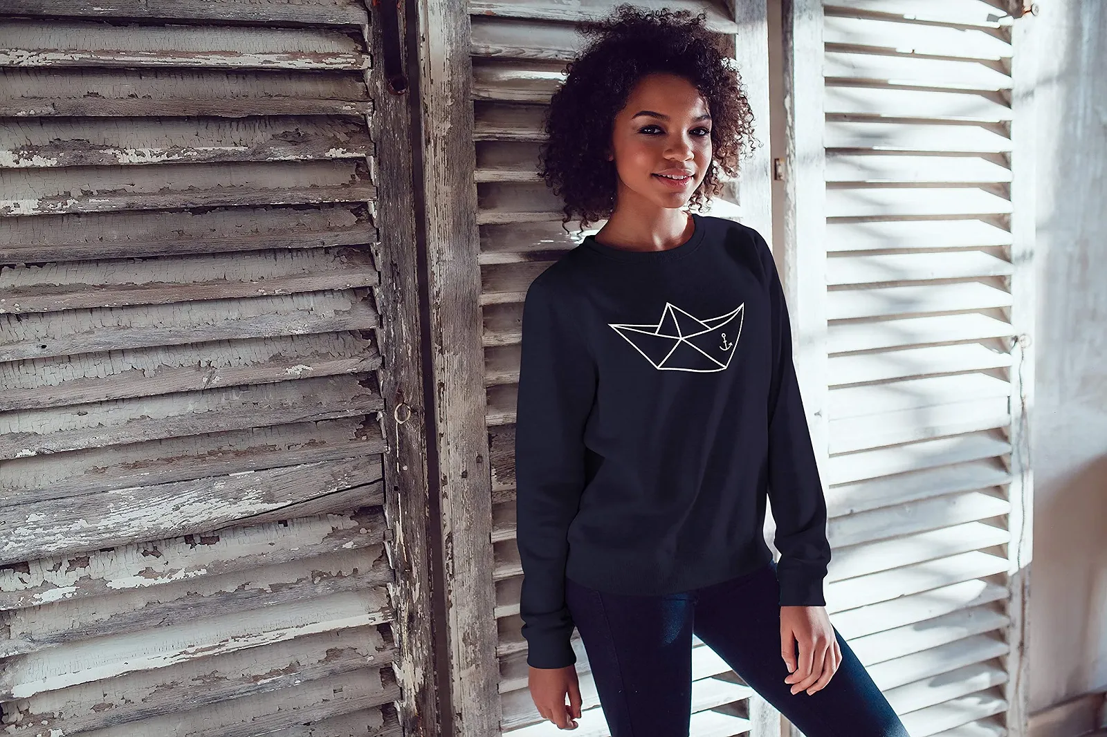 Женский свитшот Neverless Рисунок Морской Бумага Корабль Оригами Многоугольник Якорь Моряк Корабль Круглый вырез Джемпер Свитер, фото №2