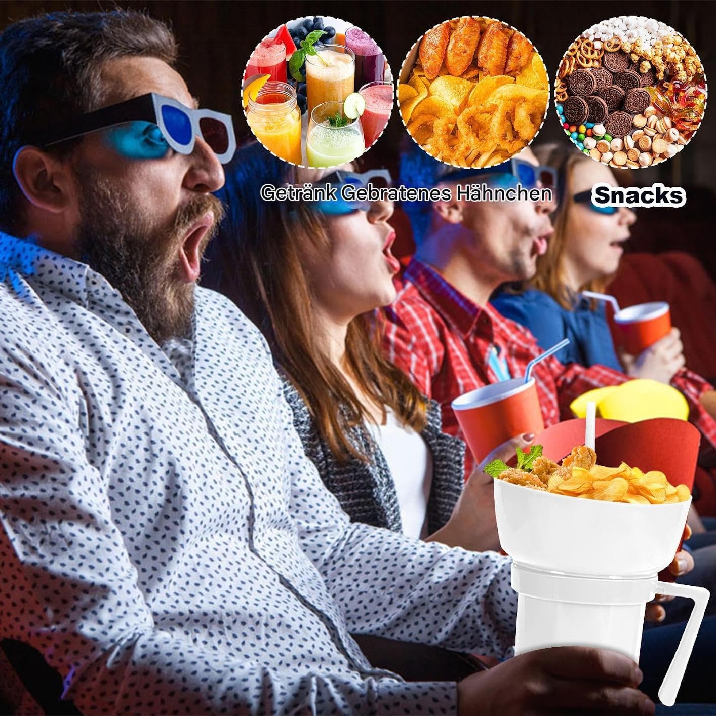 Склянка для напоїв та снеків 2-в-1 багаторазова з чашею для снеків та соломинкою, фото №2