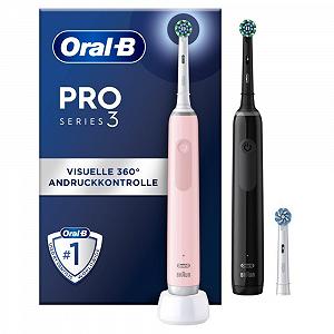 Електрична зубна щітка Oral-B Pro 3 3900, подвійна упаковка, три режими чищення, контроль тиску 360°, чорний, рожевий - Фото 1
