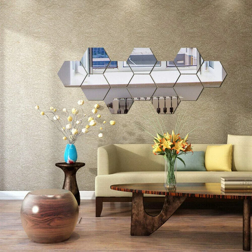 Наклейки на стіну 36 штук Шестикутні дзеркальні плитки 3D Сріблясті, фото №5