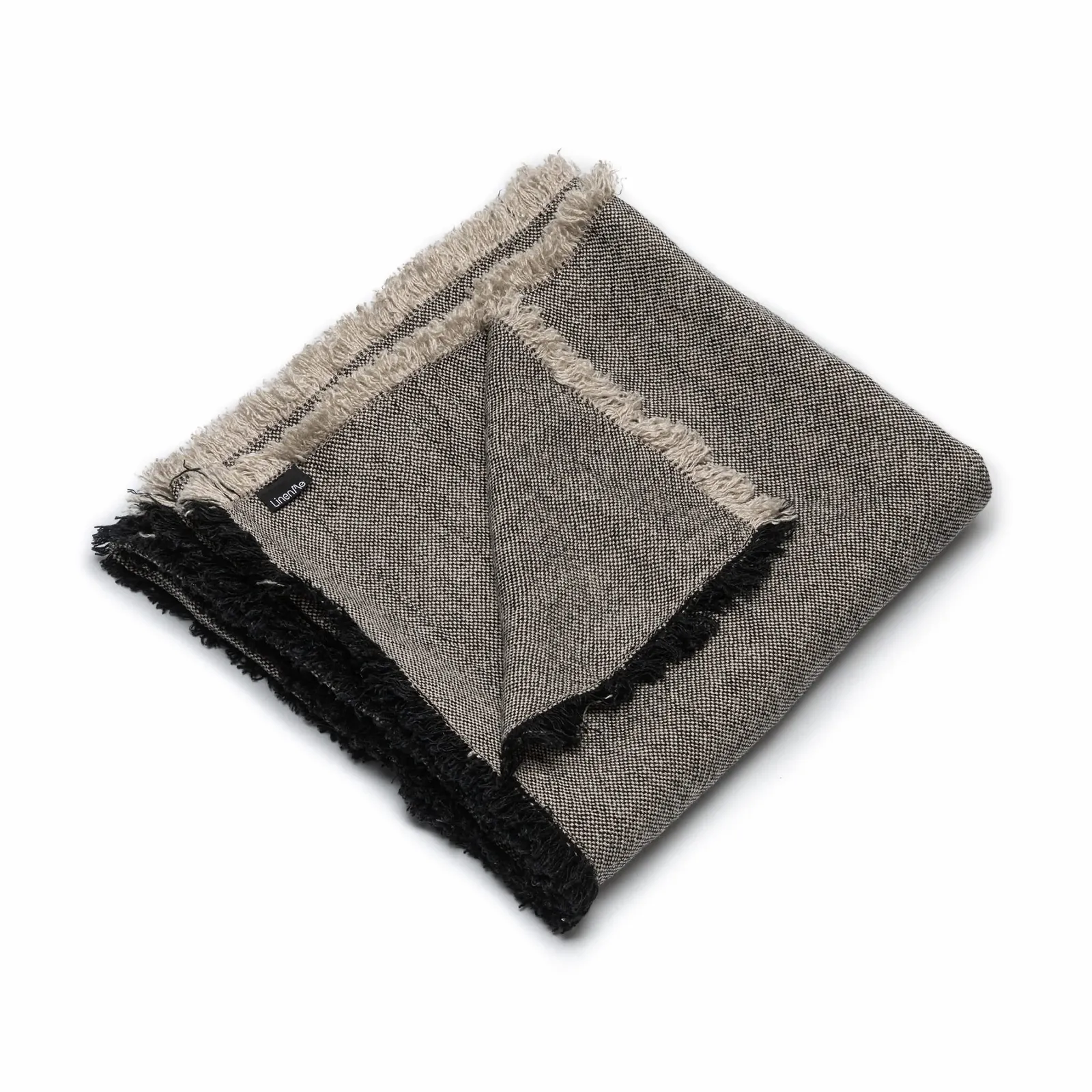 Плед LinenMe Rustico Льняний Натуральний Чорний в Клітинку з Бахромою, 135 x 200 см, фото №1