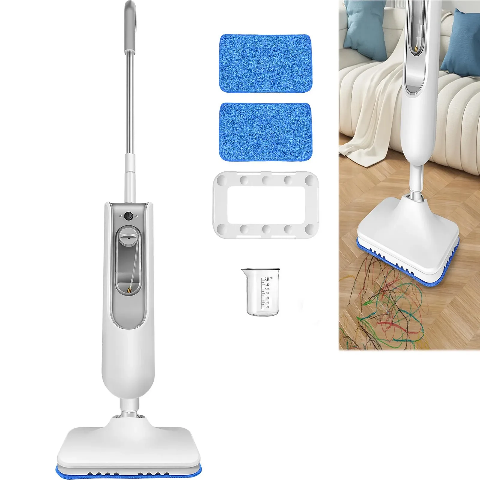 Паровая швабра и ручной пароочиститель 2 в 1 с насадками и 2 сменными накладками, фото №1 Паровая швабра и ручной пароочиститель 2 в 1 с насадками и 2 сменными накладками, фото №1