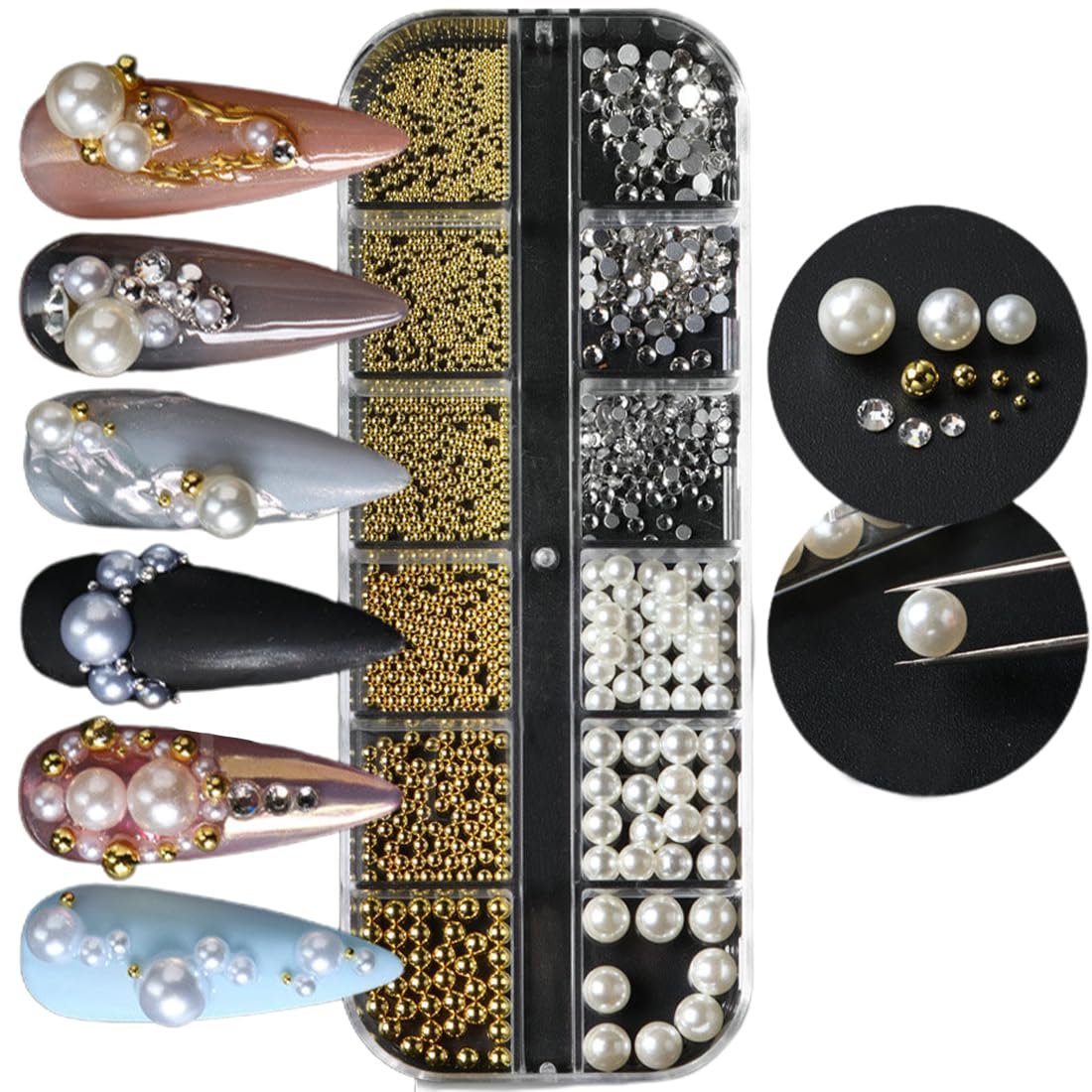 Стрази для нігтів 1білі напівкруглі ікринки, акрилові прикраси для нігтів, 1 коробка, фото №1