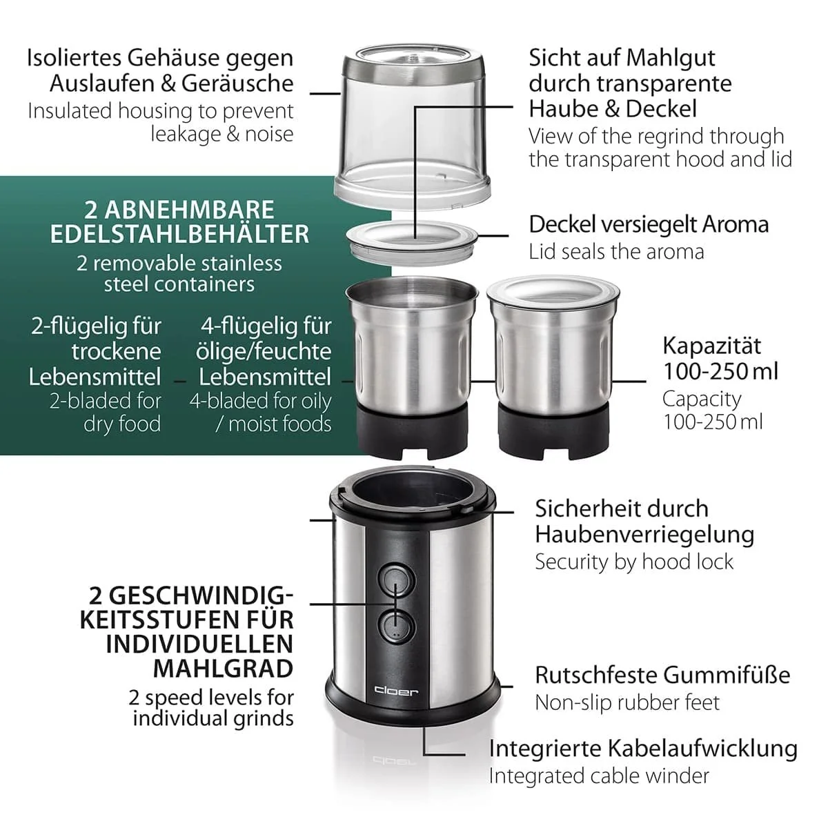 Електрична кавомолка Cloer 7419 з ножем з нержавіючої сталі, 350 Вт, 2 знімні контейнери з нержавіючої сталі, для песто, трав, горіхів та зерна, до 80 г кавових зерен, захисна, фото №3