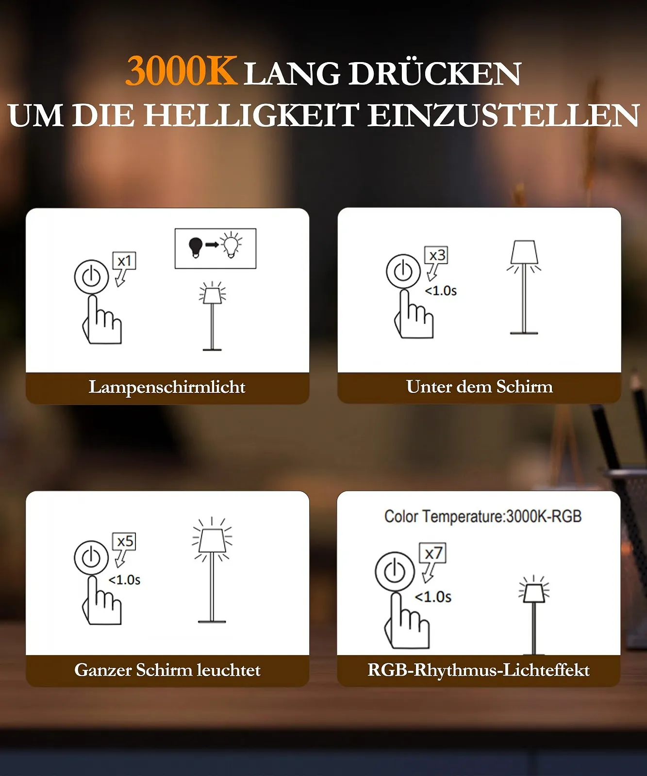 Настільна лампа бездротова акумуляторна з регулюванням яскравості LED IP54 водонепроникна сенсорна 3 колірні режими коричневий, фото №3