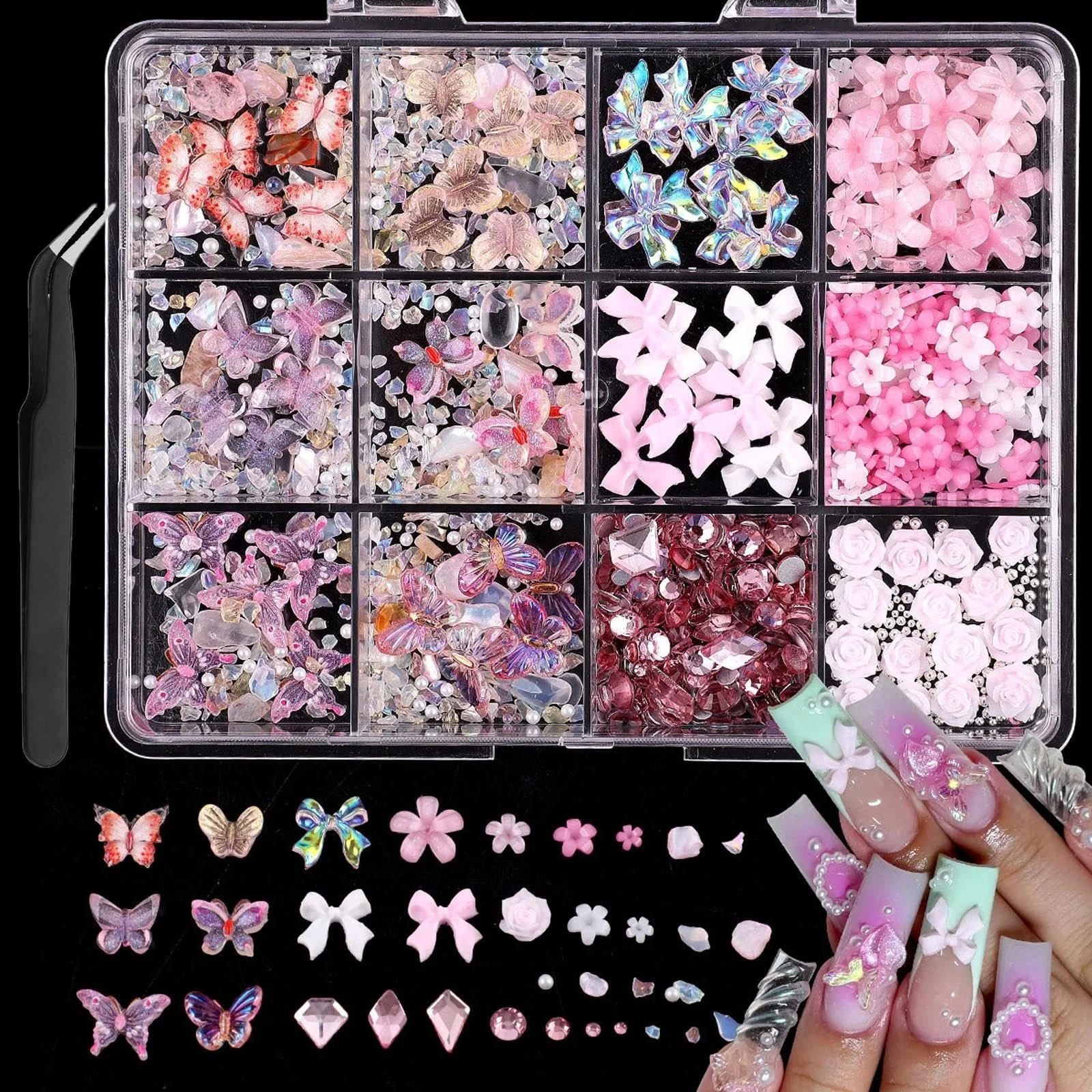 Стразы для ногтей Набор розовые бабочки блестки кристаллы камни инструменты для маникюра, фото №1