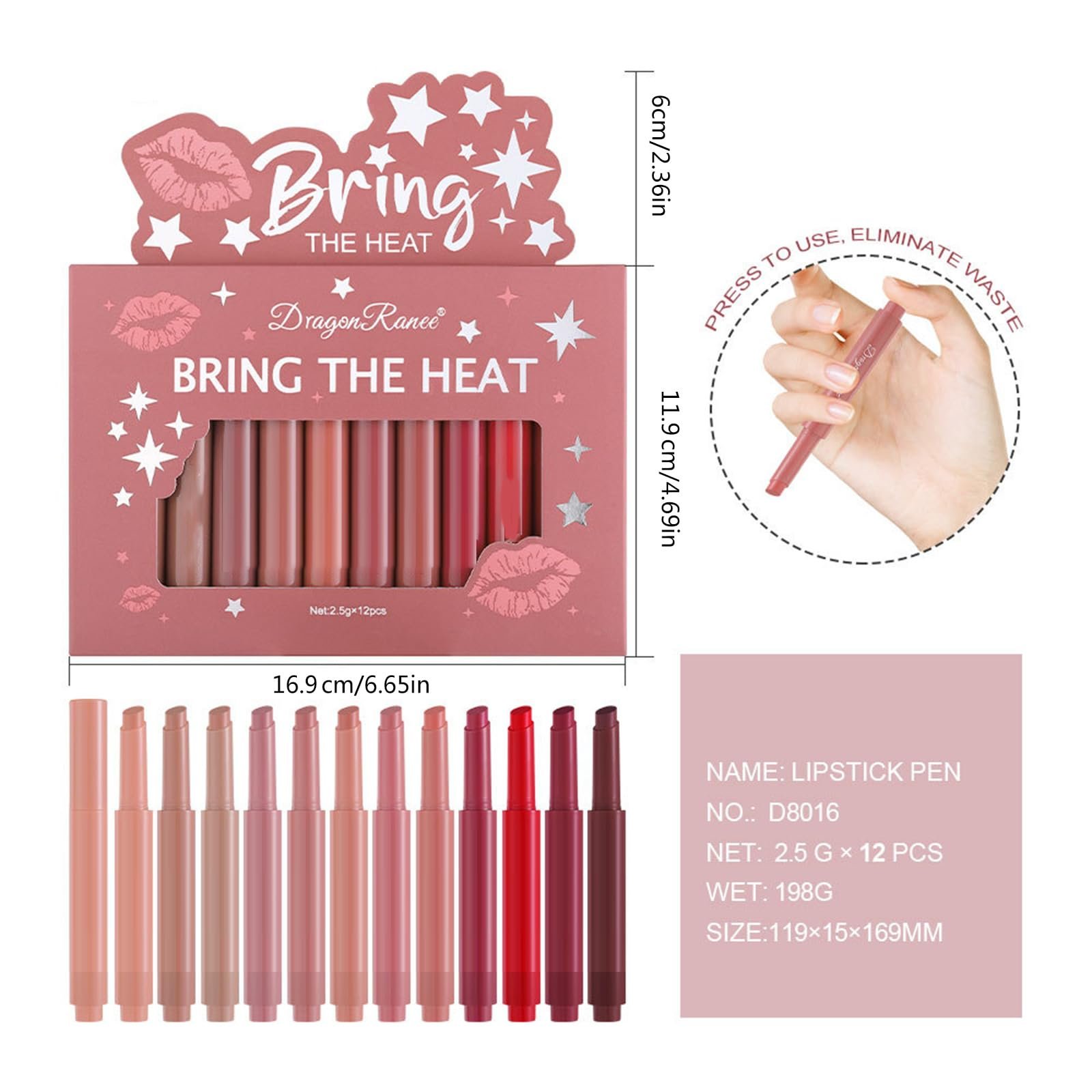 Карандаш для губ 12x Press Lipstick Pen, увлажняющий блеск, гладкие оттенки, фото №3