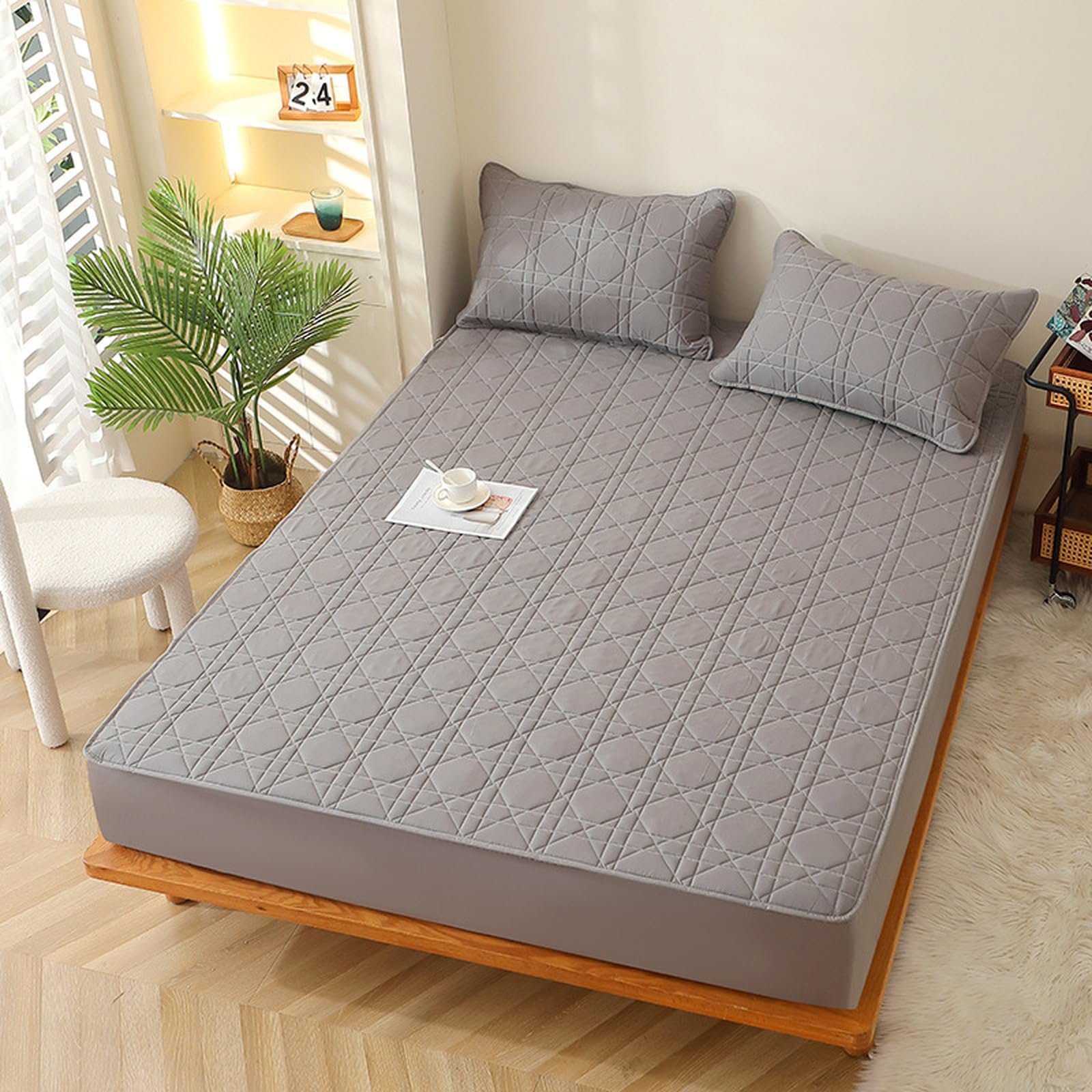 Наматрасник HAIBA 180 x 200 см Серый стеганый простыня с глубоким карманом 30 см, простыня на резинке 2-в-1 из органического хлопка, тихий, подходит для кровати с пружинным блоком, фото №1