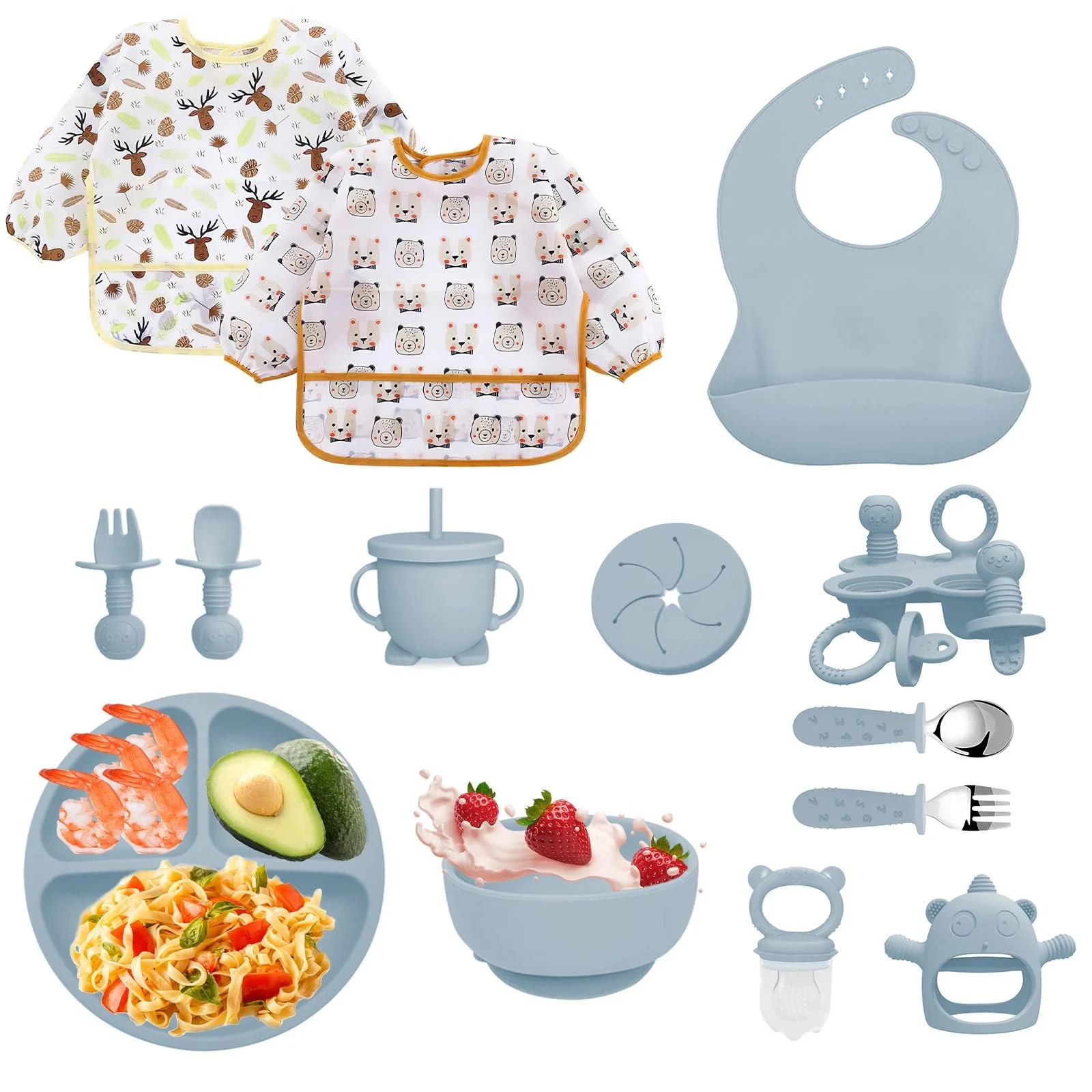 Набір дитячого посуду Bizcasa Силіконовий, 14 предметів: тарілка, миска, виделка, фрутниця, контейнер для заморожування дитячого пюре, прорізувач, без BPA, фото №1 Набір дитячого посуду Bizcasa Силіконовий, 14 предметів: тарілка, миска, виделка, фрутниця, контейнер для заморожування дитячого пюре, прорізувач, без BPA, фото №1