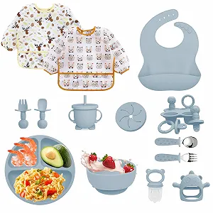 Набір дитячого посуду Bizcasa Силіконовий, 14 предметів: тарілка, миска, виделка, фрутниця, контейнер для заморожування дитячого пюре, прорізувач, без BPA - Фото 1