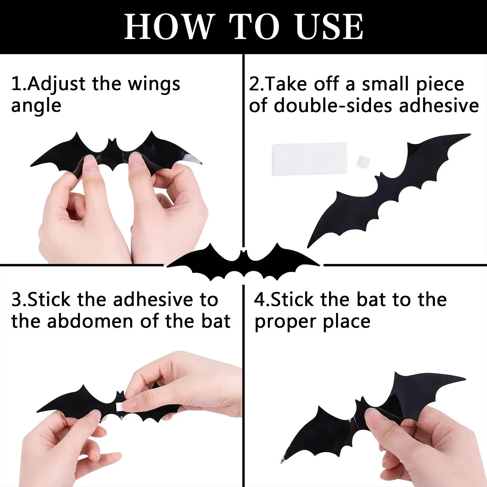 Наклейки на стіну Halloween Bat 120 штук Кажани 3D 4 розміри Водонепроникні PVC Чорний, фото №3