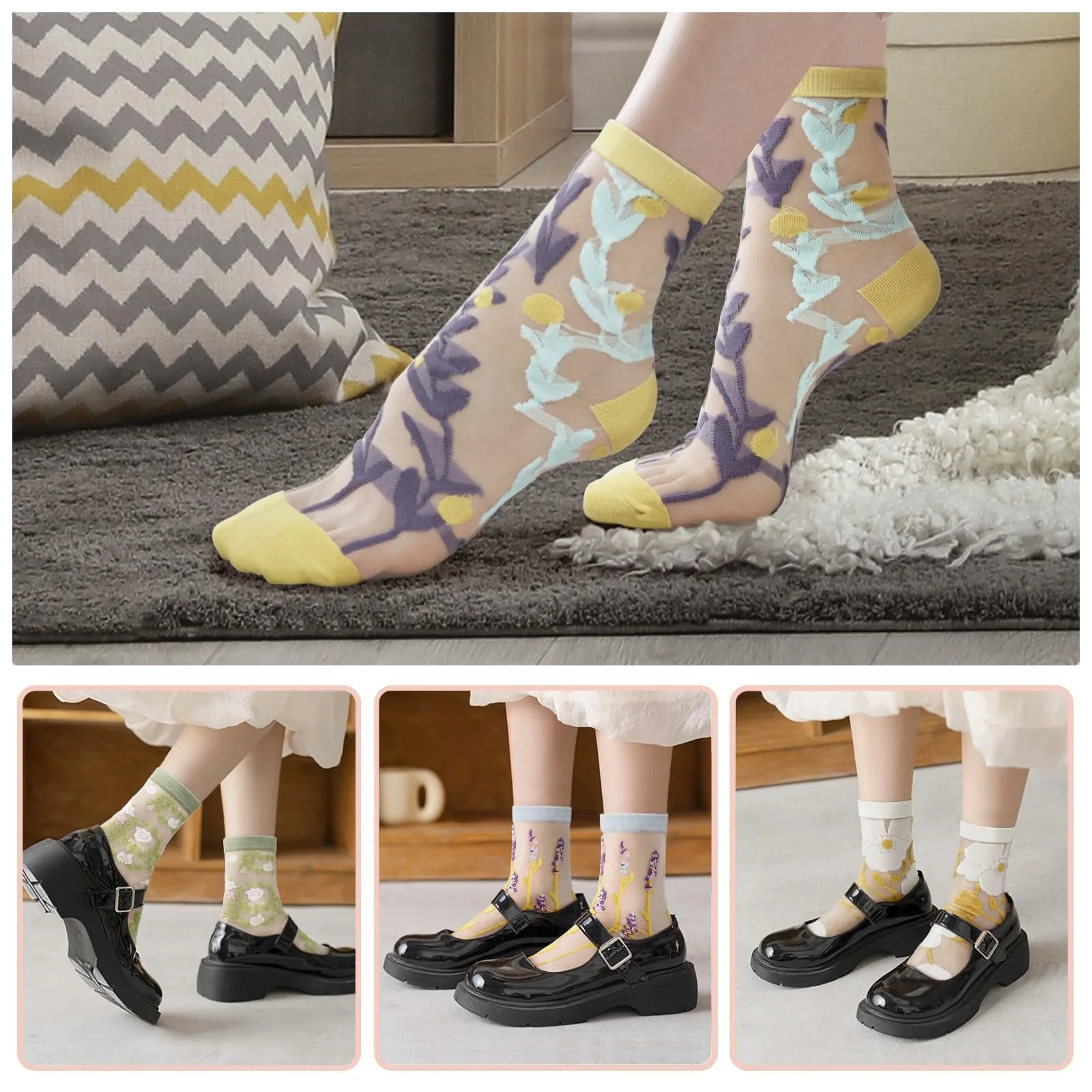 Носки Винтажные Прозрачные 5 пар, Милые Цветочные Тонкие Носки, Эластичные Сетчатые Кружевные Жаккардовые Стеклянные Шелковые Носки для Женщин и Девушек, разноцветные, фото №3