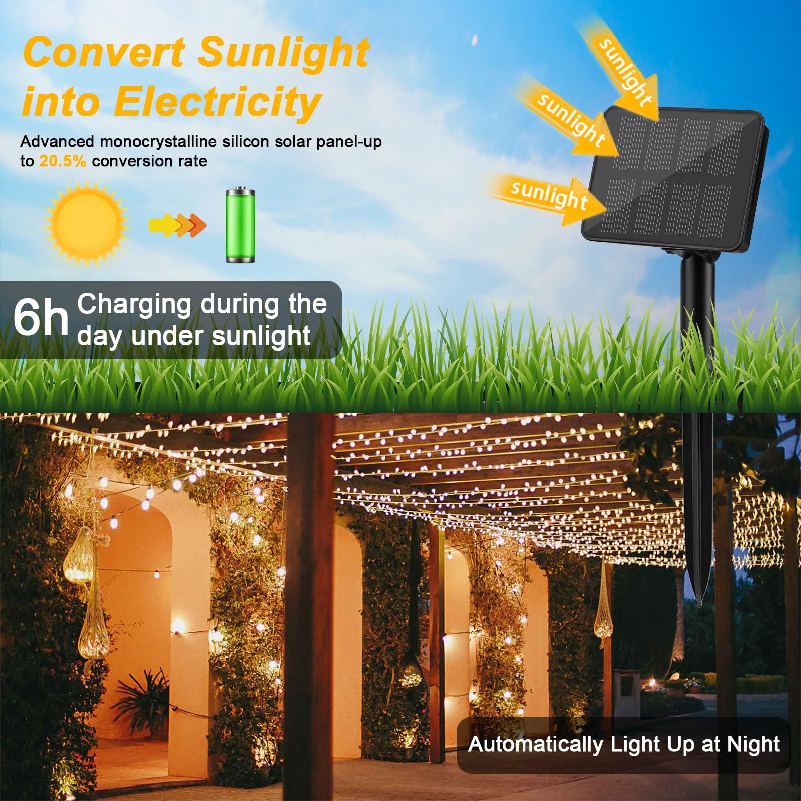 Гирлянда Gcstnn на солнечной батарее, 10 м, 100 LED, медная проволока, 8 режимов, IP65, теплая белая, фото №2