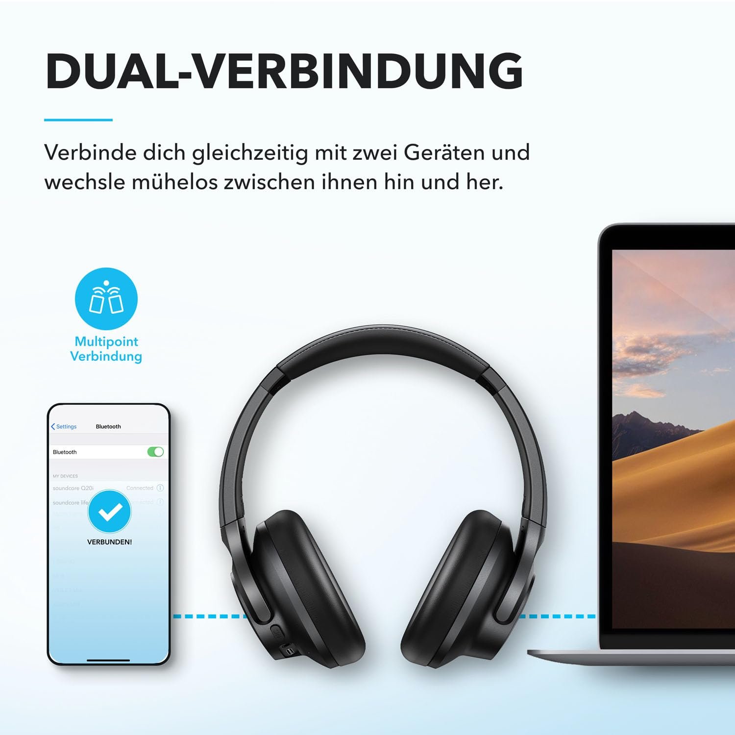 Наушники Over-Ear soundcore Q20i Беспроводные Bluetooth с гибридным активным шумоподавлением, 40 часов воспроизведения в режиме ANC, Hi-Res Audio, Deep Bass, персонализация через приложение Черный, фото №7