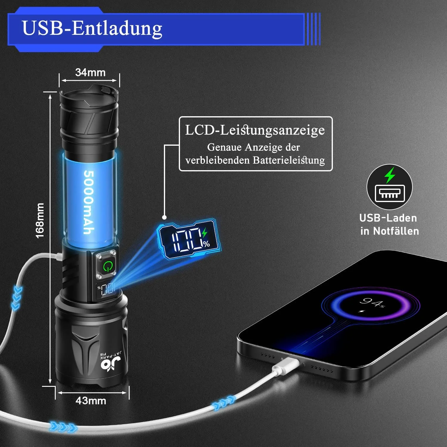 Ліхтар JAY-PARK 500 000 люменів, акумуляторний 5000 мАг з РК-дисплеєм та 5 режимами освітлення, LED надзвичайно яскравий зум, довгий промінь світла (3000 м) для вулиці, кемпінгу, фото №5