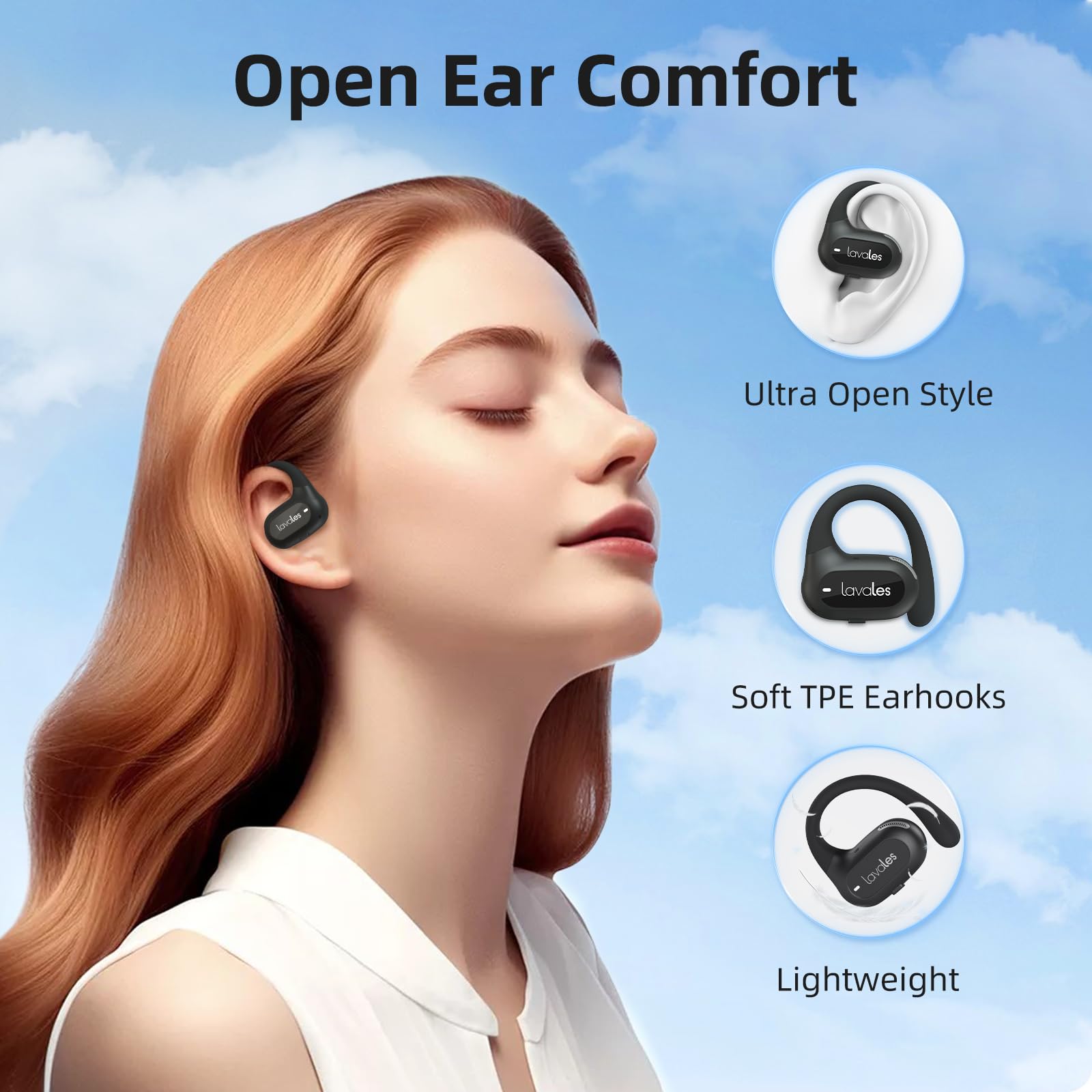 Наушники Lavales Open Ear Bluetooth 5.4 Wireless с микрофоном и ушными крючками 47 часов Черный, фото №2