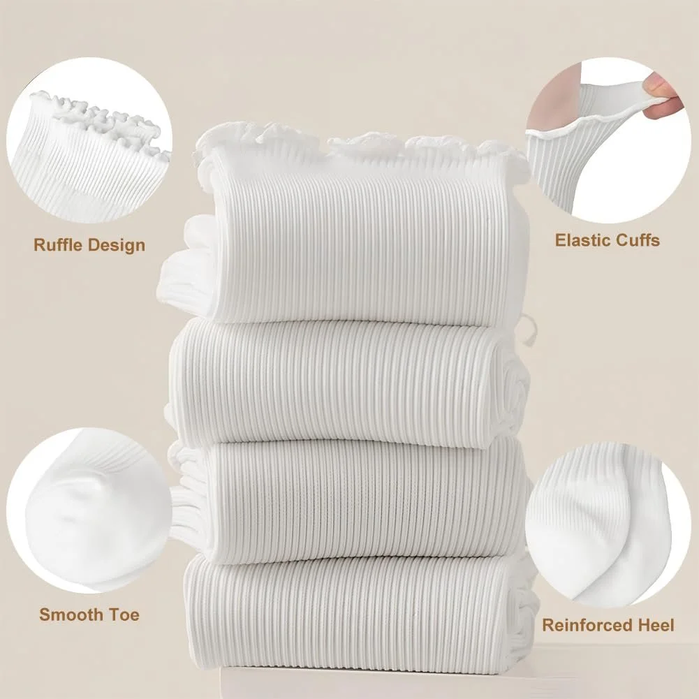 Носки с рюшами Хлопковые Дышащие Вязаные Белый, Короткие, 4 пары, фото №2