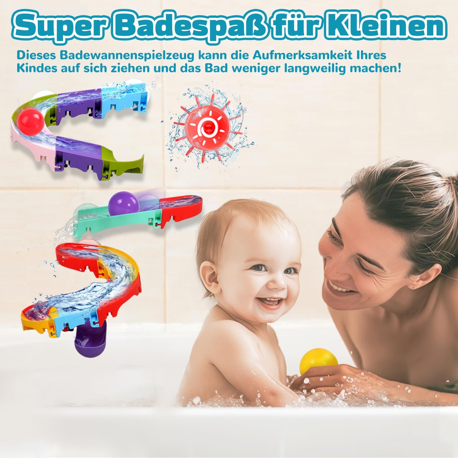 Іграшка для ванни DIY Marble Run (Великі кульки) з водяним колесом, присосками, фото №4