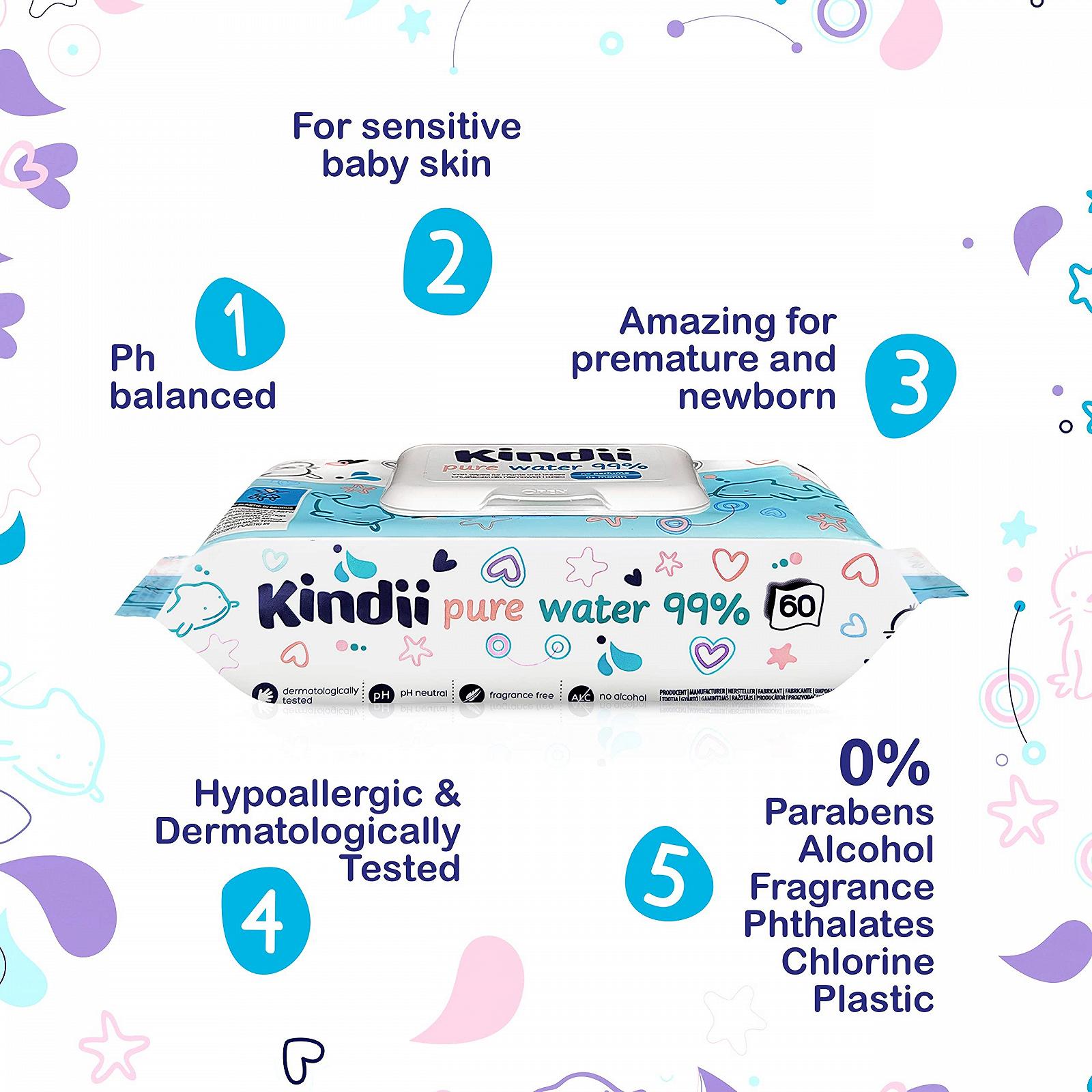 Серветки дитячі Kindii Pure Water 99% 720 штук, фото №2