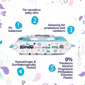 Салфетки детские Kindii Pure Water 99% 720 штук synthetic.ua - Фото 1
