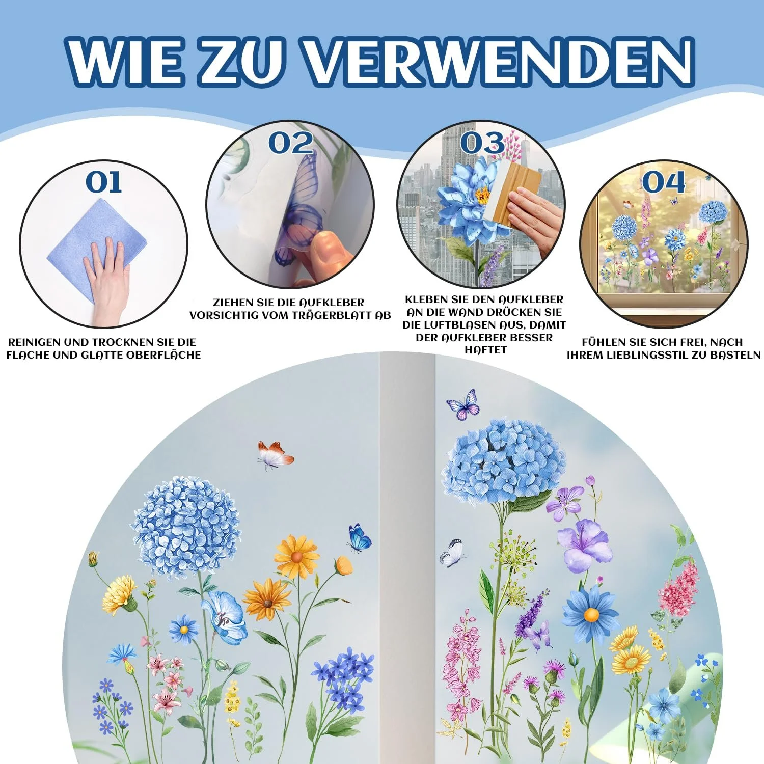 Наклейка на стіну Blue Flower and Bird знімна квіти та метелики вінілова Блакитна 90x30 см (2 шт.), фото №5