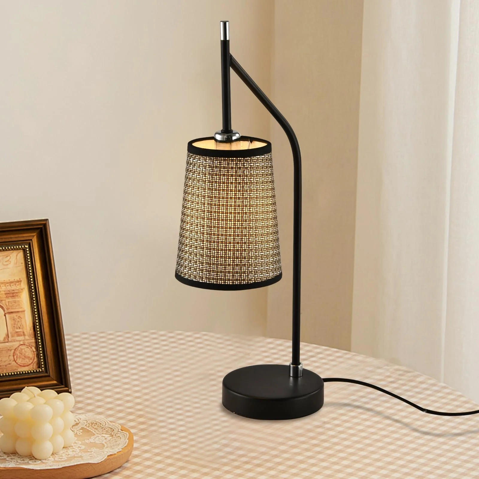 Настільна лампа LQWELL Retro Vintage E14 метал бежева тканинна кришка чорна з золотом, фото №6