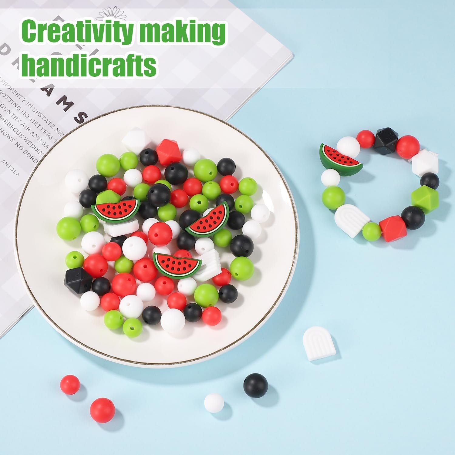 Силиконовые бусины Арбуз, набор 100 штук, летние разноцветные силиконовые бусины, шестигранные круглые бусины с нейлоновой веревкой для DIY поделок, брелоков, браслетов, ожерелий, фото №5