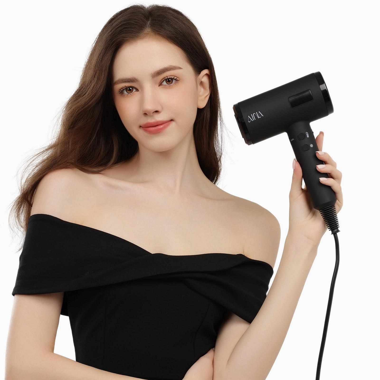 Фен AINA Professional Salon, 2300 Вт, с диффузором, щеткой-расческой для женщин, BLDC, бесщеточный мотор, 150 000 об/мин, ионный, LED-дисплей, 4 магнитные насадки, черный, фото №6