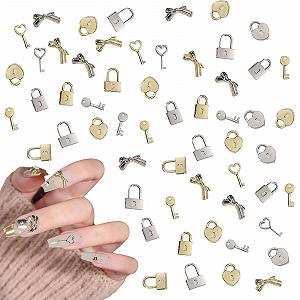 3D Шармы для ногтей Набор 60 шт Замок Ключ Бантик Форма Драгоценные камни для ногтей Золото Серебро Металлический сплав Ювелирные изделия для маникюра Дизайн DIY - Фото 1