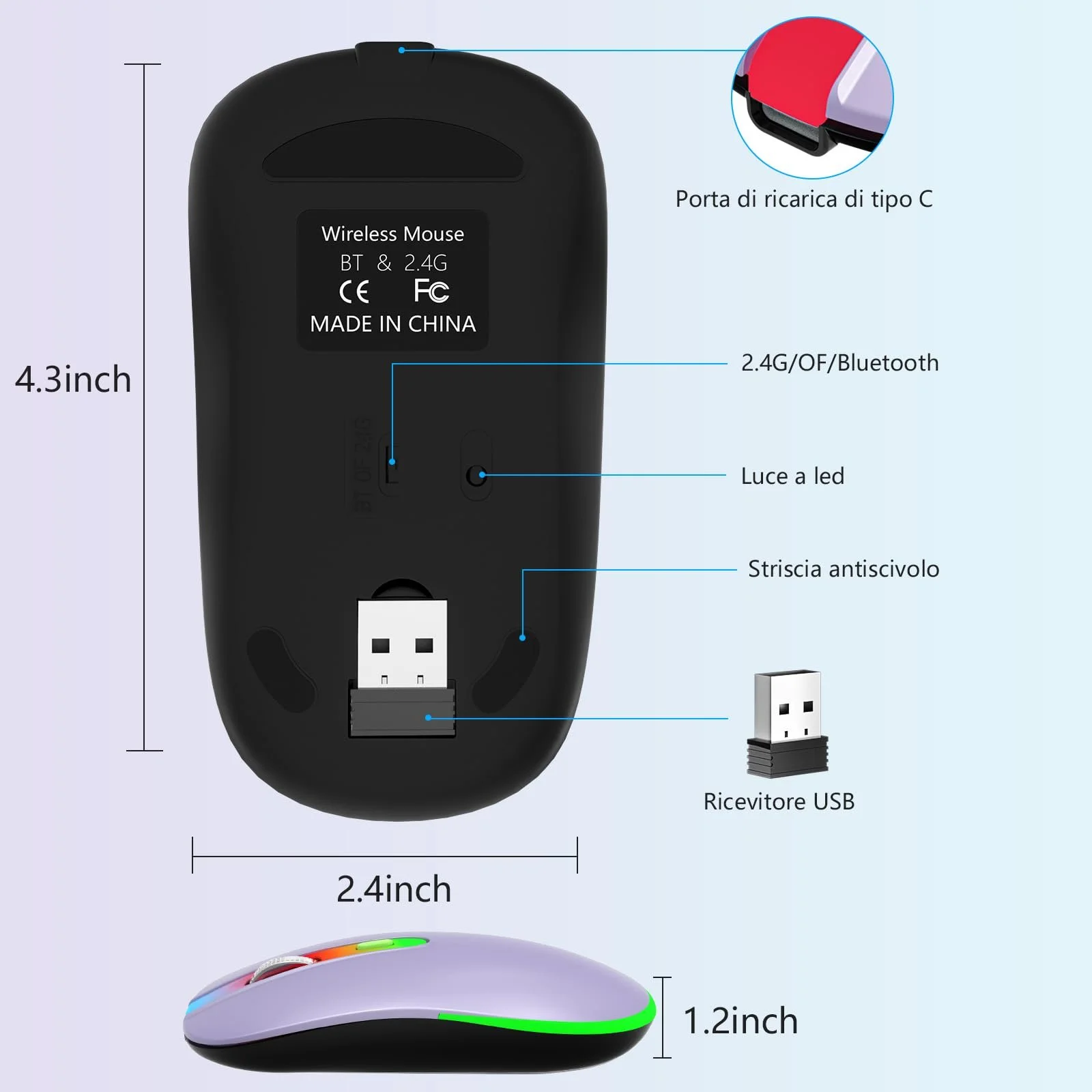 Мышь KBCASE Беспроводная 2.4 GHz USB, Bluetooth 1600 DPI, оптическое отслеживание, перезаряжаемая, игровая, 7 цветов LED подсветки, фото №8