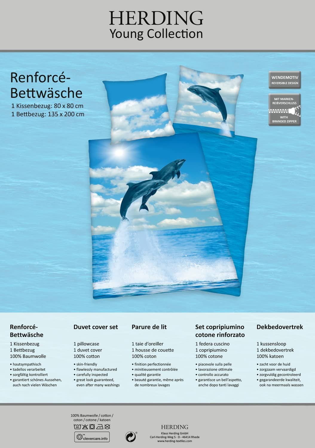 Постільна білизна Herding Dolphin, наволочка прибл. 80 x 80 см, підковдра прибл. 135 x 200 см, 100% бавовна, ренфорс, різнобарвний, фото №7