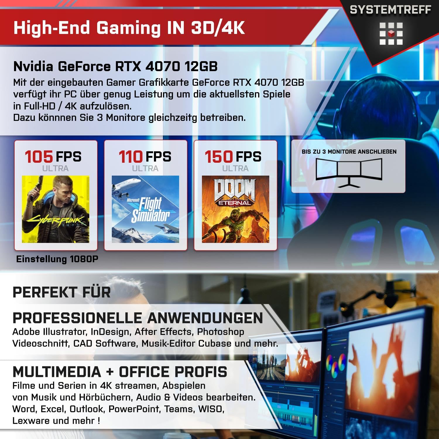 Настільний ПК Systemtreff High-End Gaming AMD Ryzen 7 7700 8x5.3GHz Nvidia GeForce RTX 4070 12GB DX12 1TB M.2 NVMe 32GB DDR5 RAM WLAN, фото №5