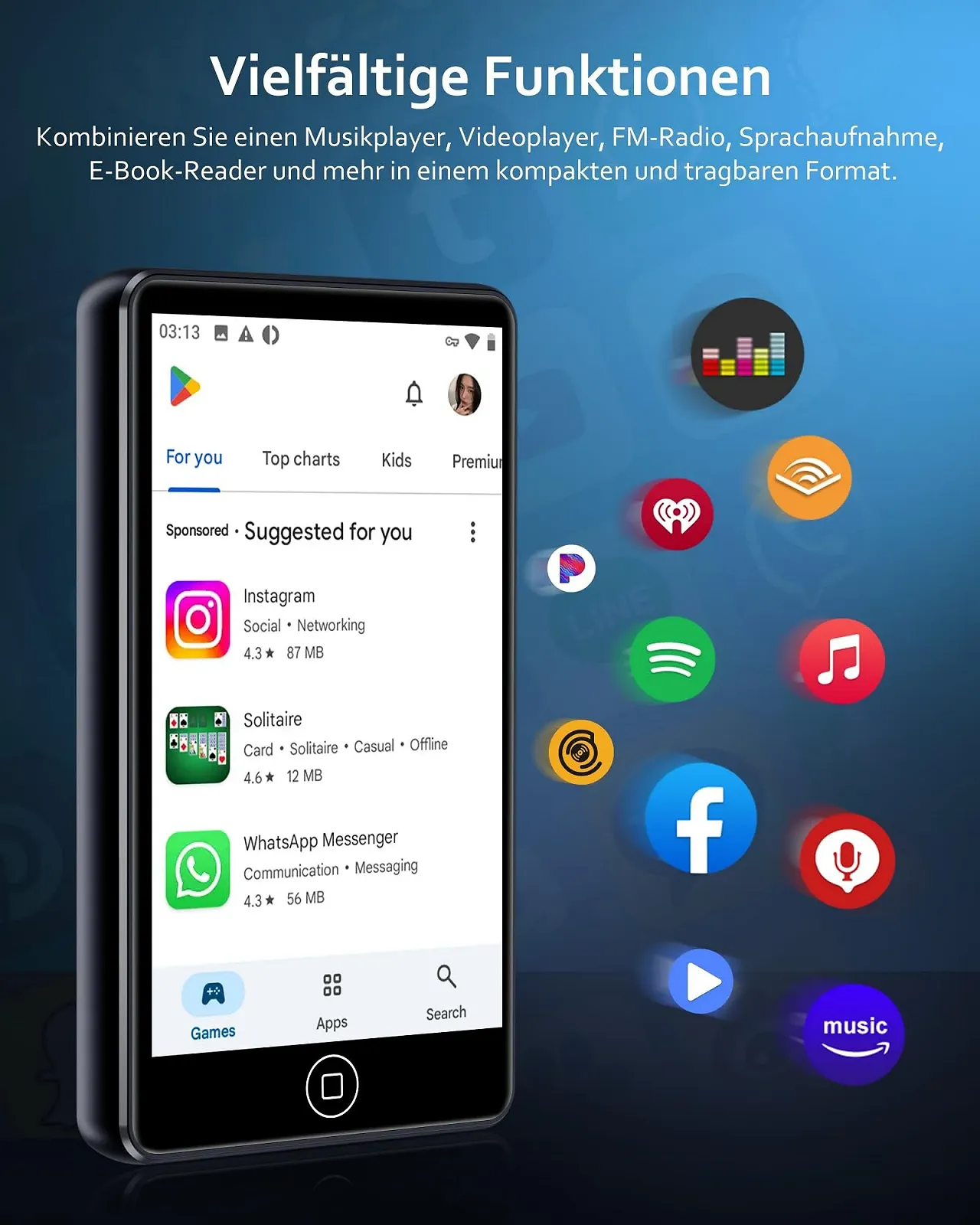 MP3-плеер AGXOV 144GB Bluetooth с наушниками, с 4.02-дюймовым сенсорным экраном, MP4-плеер с Spotify, Audible, Amazon Music, Deezer, FM-радио, диктофон, E-Reader, фото №3