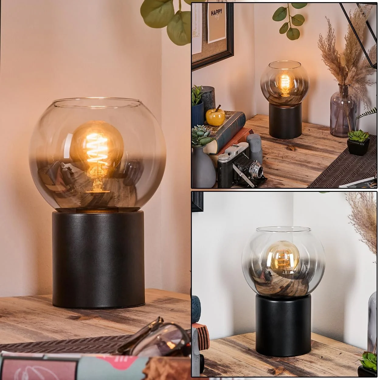 Настільна лампа HOFSTEIN Koyoto метал/скло E27 15 см Чорний/Димчастий/Прозорий, фото №1