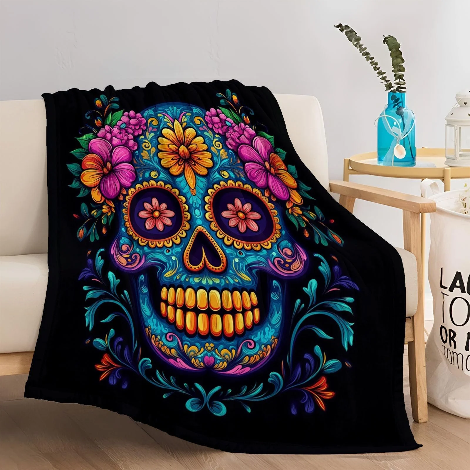 Одеяло Флисовое Простое Цветочное Череп Плотное и Теплое Фланелевое Одеяло Мягкое Пушистое Плюшевое для Всех Сезонов Сине-Оранжевое, 180 x 220 см, фото №5