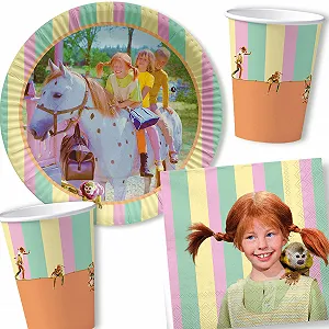 Набір посуду для вечірки Pippi Longstocking: тарілки, стакани, серветки, декор - Фото 1