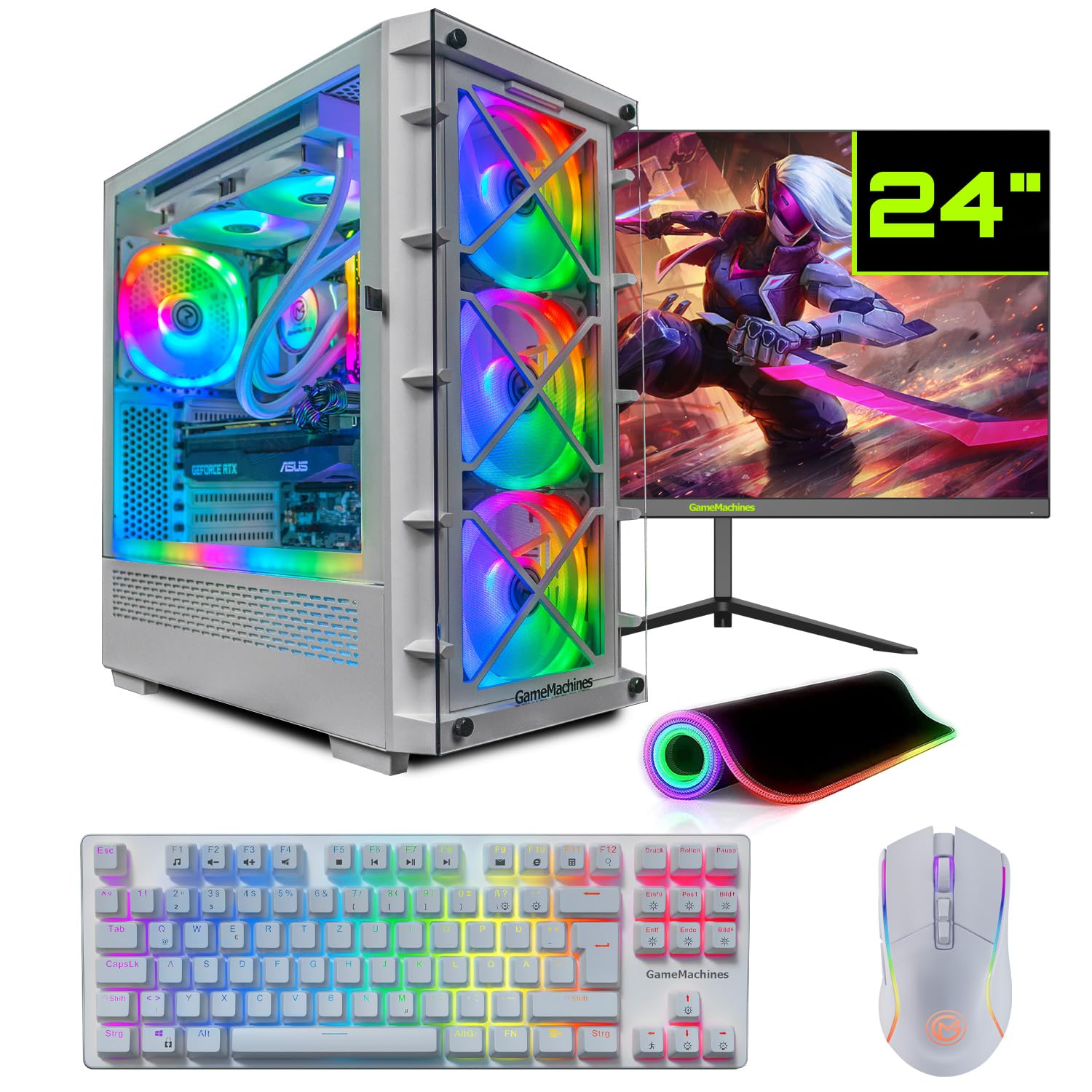 Комплектний ігровий ПК GameMachines Storm Snow - Водяне охолодження - AMD Ryzen 7 5700X - GeForce RTX 4060 Ti - 1TB SSD - 32GB RGB DDR4 - WLAN - Клавіатура - Миша - Килимок - 24 дюймів 165Hz Монітор - Windows, фото №1