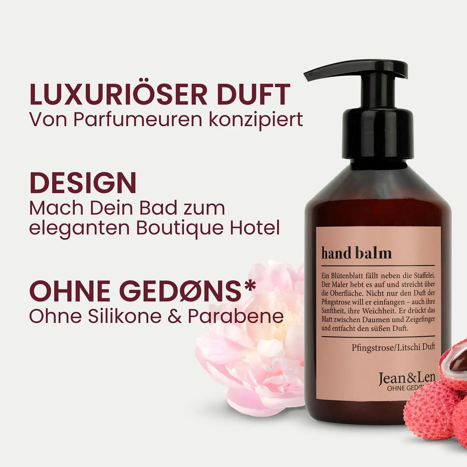 Бальзам для рук Jean & Len Півонія & Лічі з органічною аргановою олією, зволожуючим маслом ши та вітаміном Е, 250 мл, фото №2