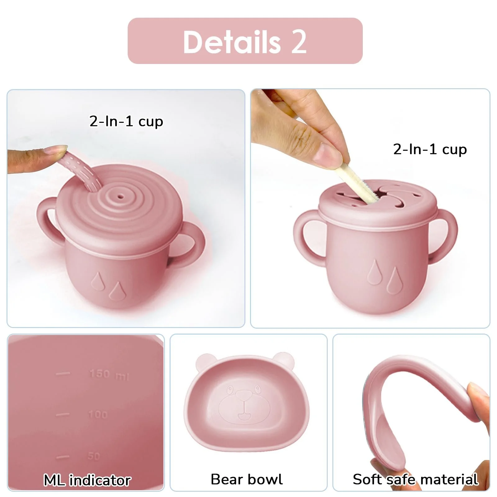 Набір дитячого посуду Bizcasa, 14 предметів, силіконовий дитячих столових приборів для прикорму, нековзний, тарілка, миска, слюнявчик, ложка, виделка, фрутовий ніблер, контейнер для заморожування дитячої каші, прорізувач для зубів, без BPA, світло-рожевий, фото №4 Набір дитячого посуду Bizcasa, 14 предметів, силіконовий дитячих столових приборів для прикорму, нековзний, тарілка, миска, слюнявчик, ложка, виделка, фрутовий ніблер, контейнер для заморожування дитячої каші, прорізувач для зубів, без BPA, світло-рожевий, фото №4