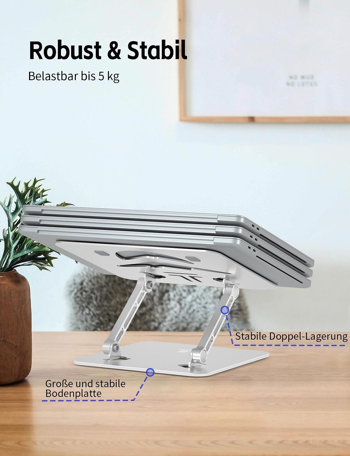 Підставка для ноутбука алюмінієва Ergonomic, регульована по висоті та складана, стабільна та нековзна, покращена вентиляція, до 15.6 дюймів, срібна, фото №4