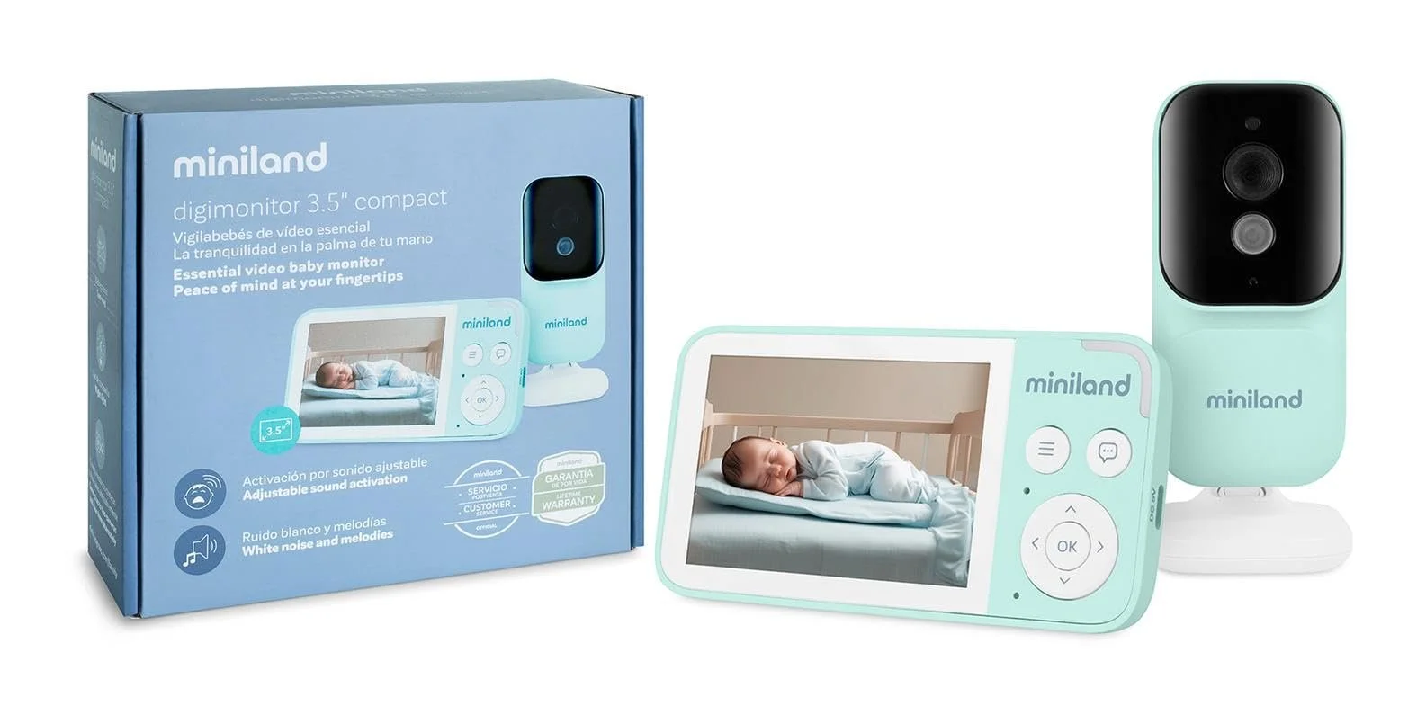 Відеоняня Miniland Digimonitor Compact 3.5" Нічне бачення Двосторонній зв'язок Білий шум Мелодії White, фото №1 Відеоняня Miniland Digimonitor Compact 3.5" Нічне бачення Двосторонній зв'язок Білий шум Мелодії White, фото №1