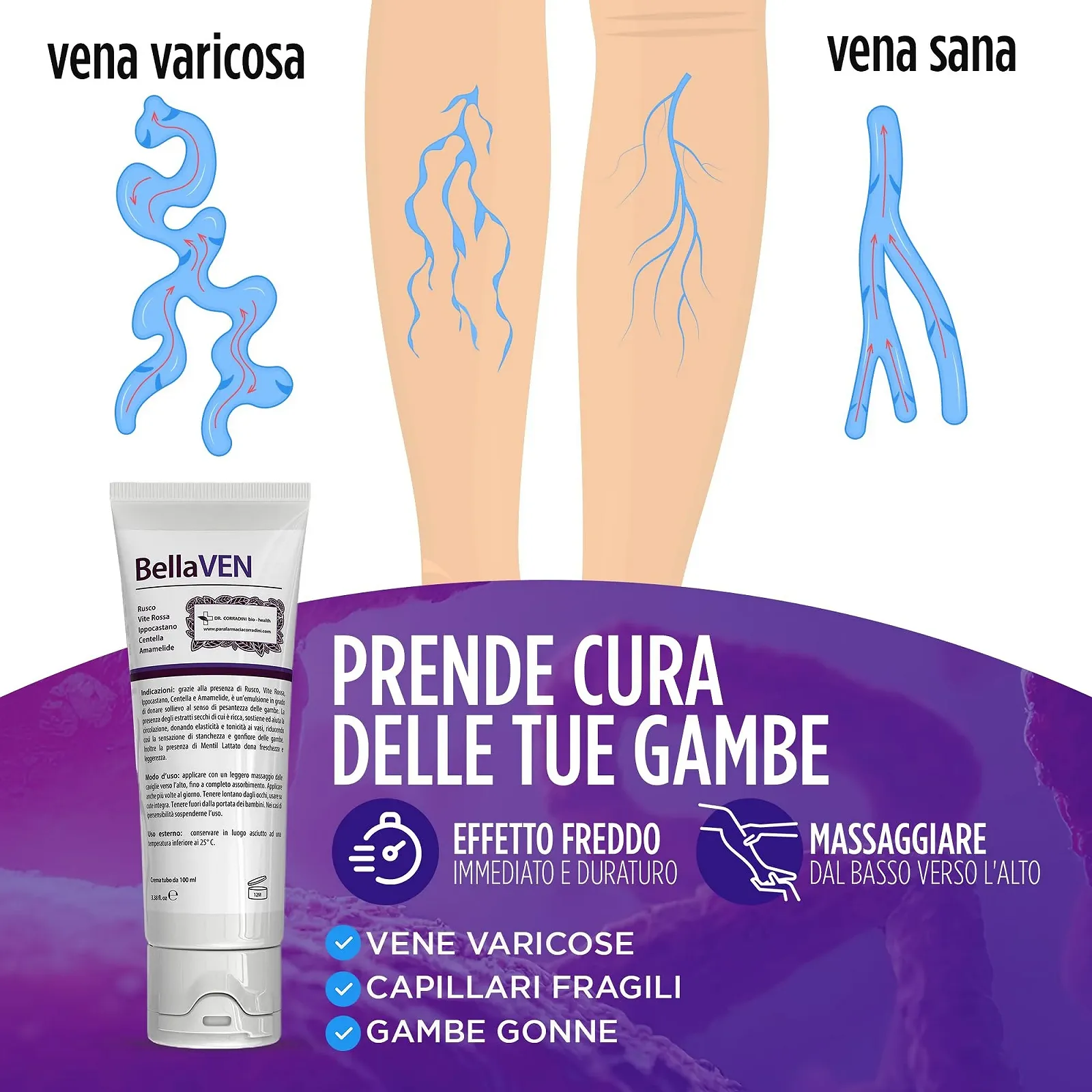 Крем Dr. Corradini Varicose Veins and Capillaries Red Vine Horse Chestnut Centella Witch Hazel 100 ml, фото №6
