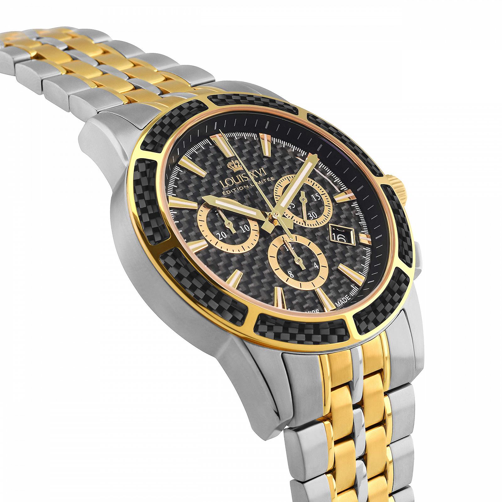 Часы LOUIS XVI Majesté Мужские Стальной Ремешок Серебряный Двухцветный Золото Черный Карбон Хронограф Аналоговый Кварцевый Нержавеющая Сталь 1104 Браслет, фото №3
