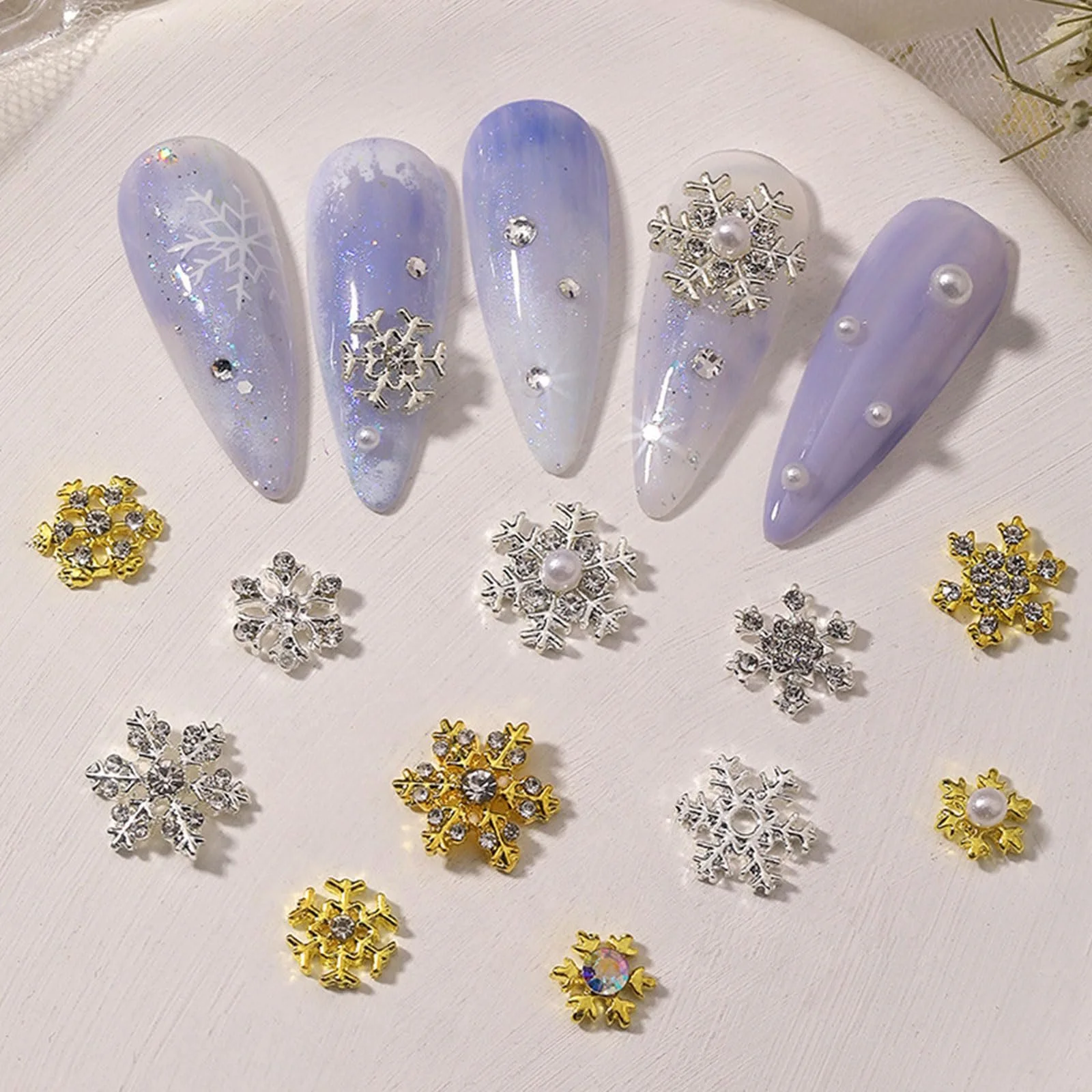 Прикрасы для ногтей Снежинки Рождественские, 60 шт., бисер Стразы Снежинки, Металл Золото Серебро Украшения для ногтей Аксессуары для маникюра для женщин и девушек, фото №5