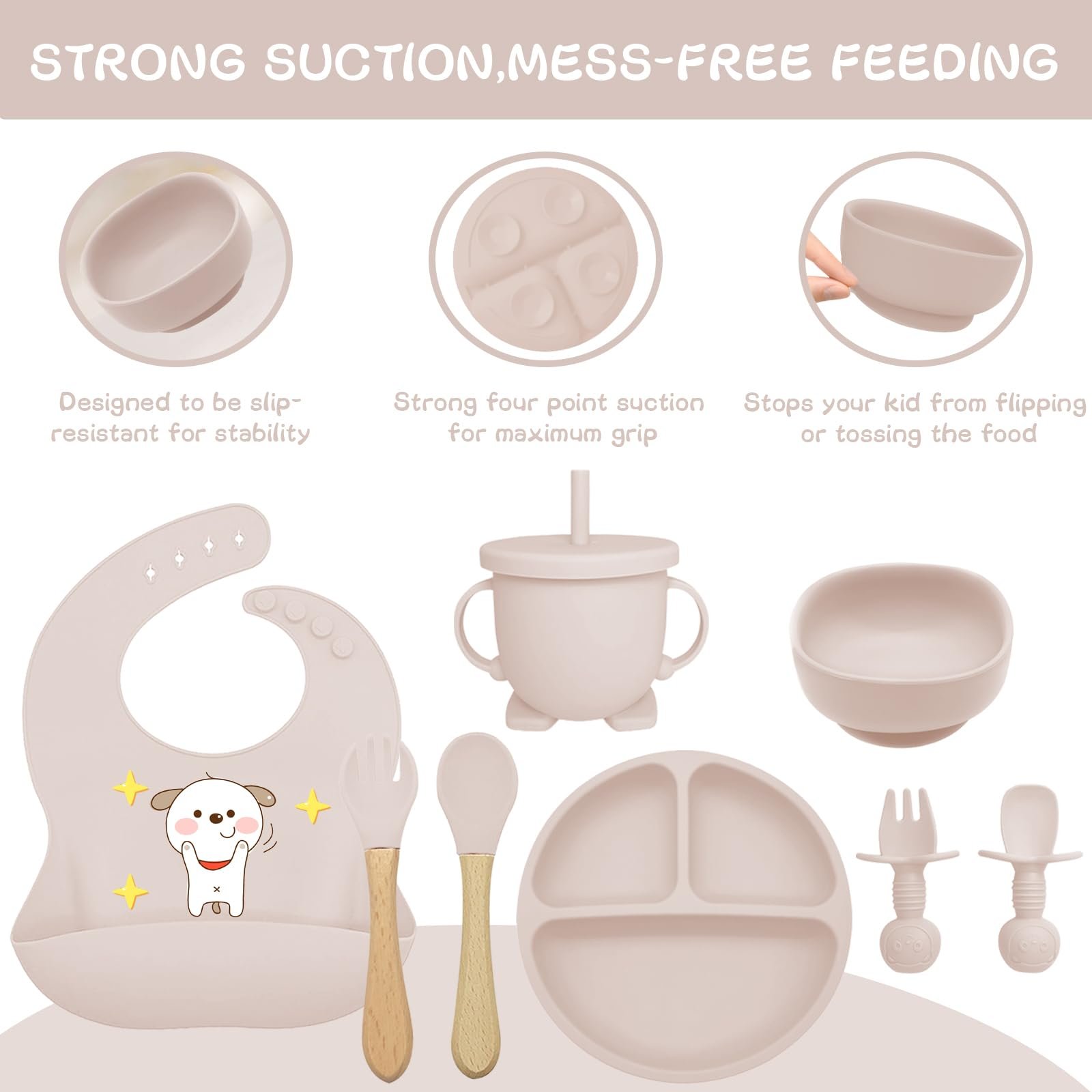 Набор детской посуды Bizcasa силиконовый 8 предметов, нескользящий, с присоской, бежевый, фото №4 Набор детской посуды Bizcasa силиконовый 8 предметов, нескользящий, с присоской, бежевый, фото №4