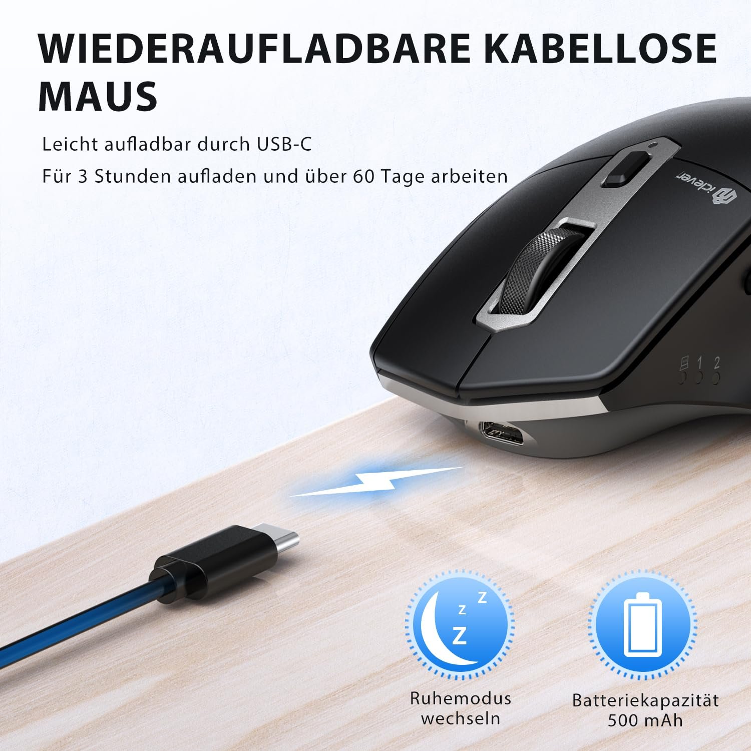 Мышь iClever Беспроводная Bluetooth Перезаряжаемая Эргономичная Серебристо-черный, фото №6